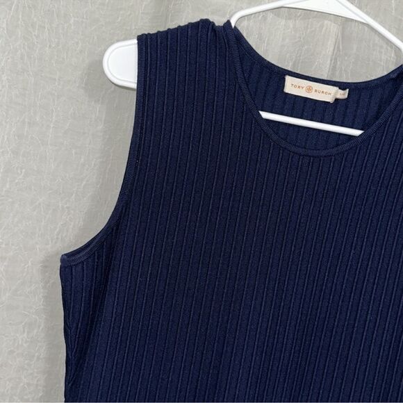 Tory Burch L LIAM Navy Knit Fit-and-Flare Textured Sleeves Dress - Picture 12 of 15